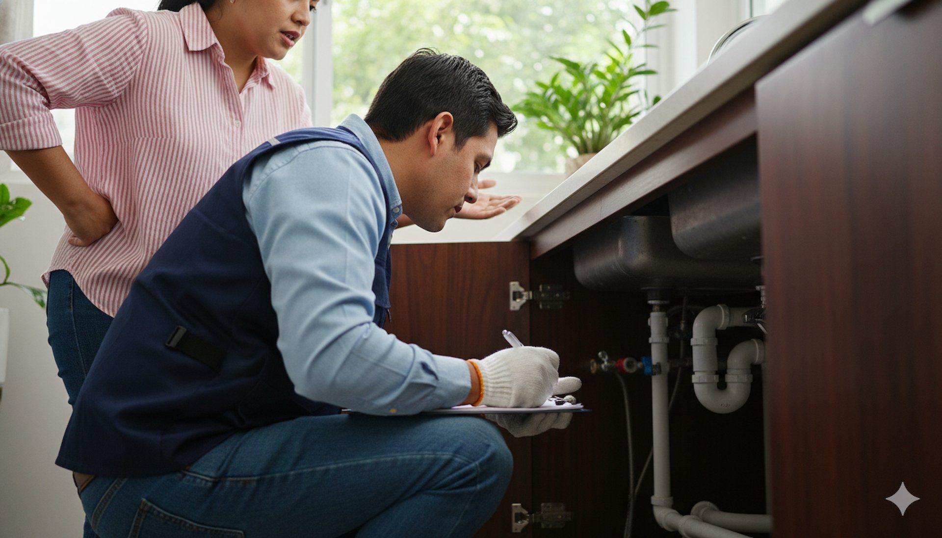 Un fontanero está trabajando en la tubería debajo de un fregadero mientras toma notas y una clienta observa.