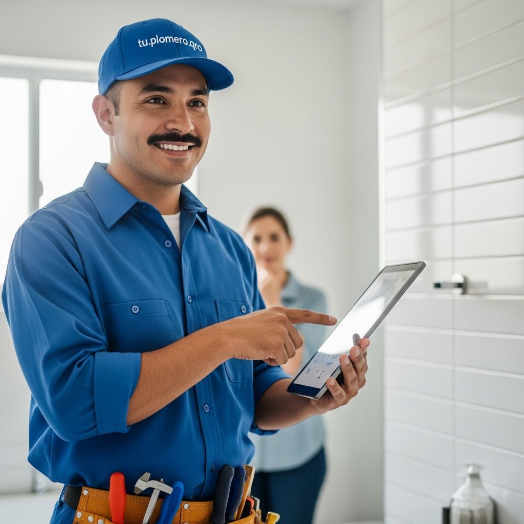 Plomero profesional sonriente con uniforme azul y cinturón de herramientas utilizando una tablet para mostrar un presupuesto digital o detalles del servicio.